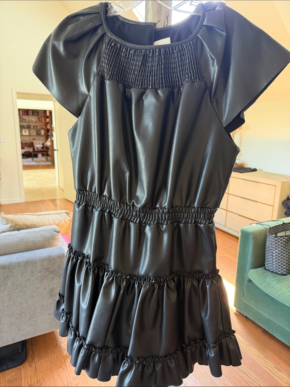 Misa Los Angeles Black Faux Leather Ruffled Mini Dress